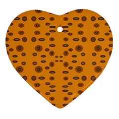 Brown Circle Pattern On Yellow Ornament (heart) by BrightVibesDesign