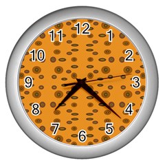 Brown Circle Pattern On Yellow Wall Clocks (silver)  by BrightVibesDesign