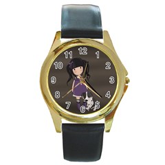 Dolly Girl And Dog Round Gold Metal Watch by Valentinaart