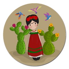 Frida Kahlo Doll Magnet 5  (round) by Valentinaart