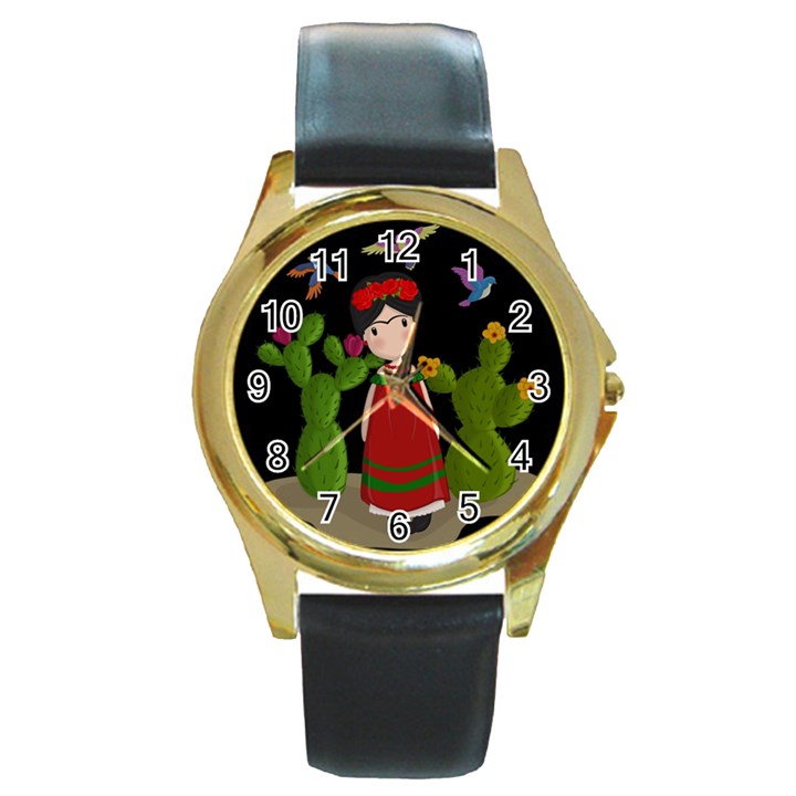 Frida Kahlo doll Round Gold Metal Watch