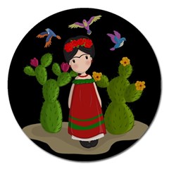 Frida Kahlo Doll Magnet 5  (round) by Valentinaart