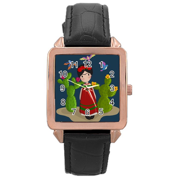 Frida Kahlo doll Rose Gold Leather Watch 