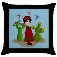 Frida Kahlo Doll Throw Pillow Case (black) by Valentinaart