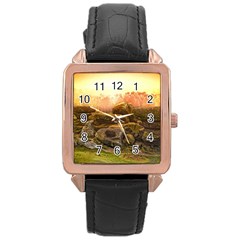 Rocks Outcrop Landscape Formation Rose Gold Leather Watch 