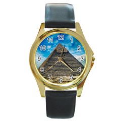 Pyramid Egypt Ancient Giza Round Gold Metal Watch by Celenk