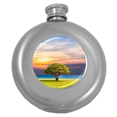 Tree Sea Grass Nature Ocean Round Hip Flask (5 Oz) by Celenk