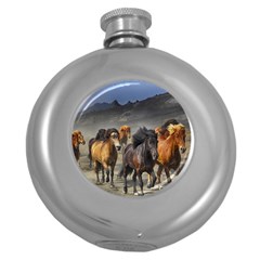 Horses Stampede Nature Running Round Hip Flask (5 Oz) by Celenk