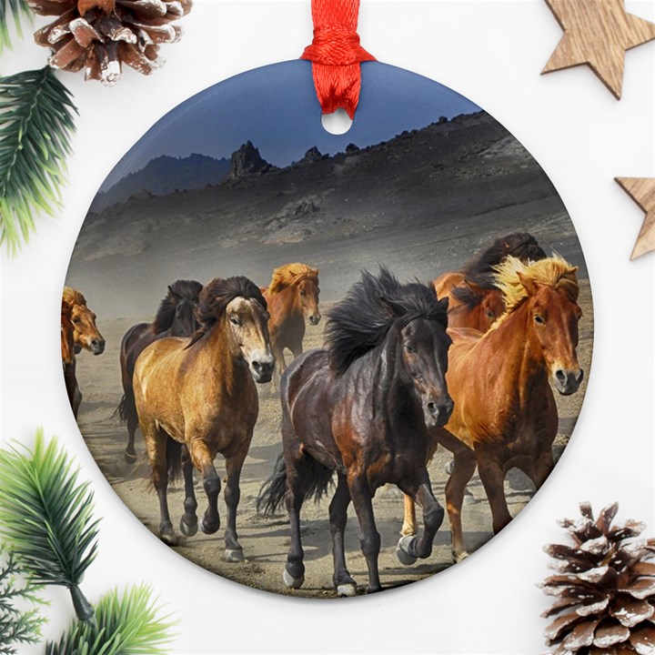 Horses Stampede Nature Running Round Ornament (Two Sides)