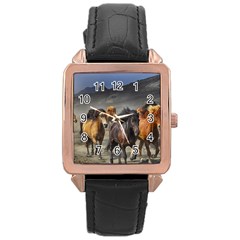 Horses Stampede Nature Running Rose Gold Leather Watch  by Celenk