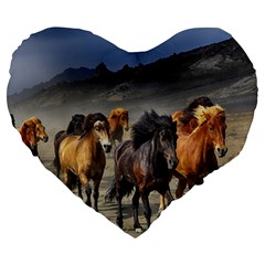 Horses Stampede Nature Running Large 19  Premium Flano Heart Shape Cushions by Celenk