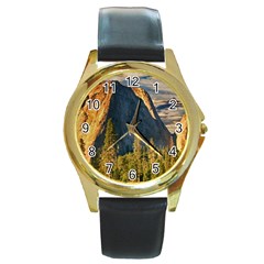 Mountains Landscape Rock Forest Round Gold Metal Watch by Celenk