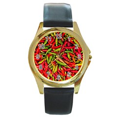 Chilli Pepper Spicy Hot Red Spice Round Gold Metal Watch by Celenk