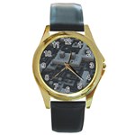 Backdrop Construction Pattern Round Gold Metal Watch Front