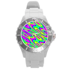 Lilac Yellow Wave Abstract Pattern Round Plastic Sport Watch (l) by Celenk