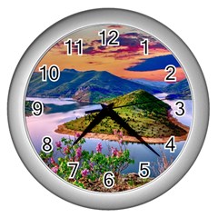 Landscape River Nature Water Sky Wall Clocks (silver)  by Celenk