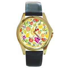 Cute Fruits Pattern Round Gold Metal Watch by paulaoliveiradesign