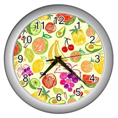 Cute Fruits Pattern Wall Clocks (silver)  by paulaoliveiradesign