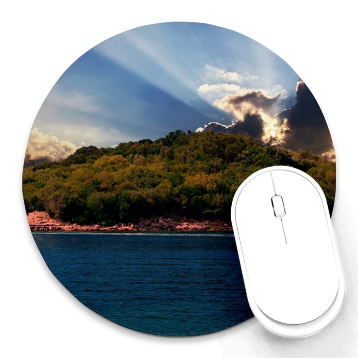 Island God Rays Sky Nature Sea Round Mousepads