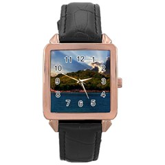 Island God Rays Sky Nature Sea Rose Gold Leather Watch  by Celenk