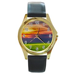 Countryside Landscape Nature Rural Round Gold Metal Watch by Celenk