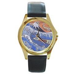 Harvard Mayfair Hokusai Chalk Wave Fuji Round Gold Metal Watch by Celenk