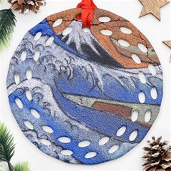 Harvard Mayfair Hokusai Chalk Wave Fuji Ornament (round Filigree) by Celenk