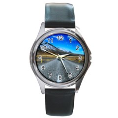 Road Mountain Landscape Travel Round Metal Watch by Celenk