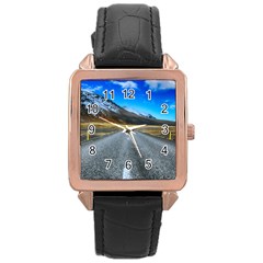 Road Mountain Landscape Travel Rose Gold Leather Watch  by Celenk