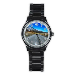 Road Mountain Landscape Travel Stainless Steel Round Watch by Celenk