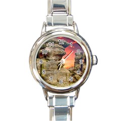 Rocks Landscape Sky Sunset Nature Round Italian Charm Watch by Celenk