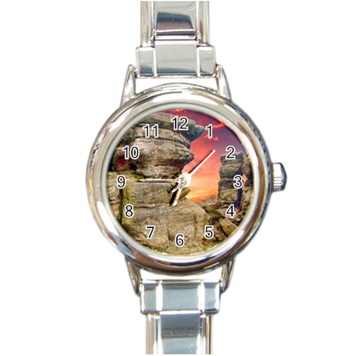 Rocks Landscape Sky Sunset Nature Round Italian Charm Watch