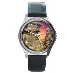 Rocks Landscape Sky Sunset Nature Round Metal Watch by Celenk