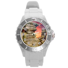 Rocks Landscape Sky Sunset Nature Round Plastic Sport Watch (l) by Celenk