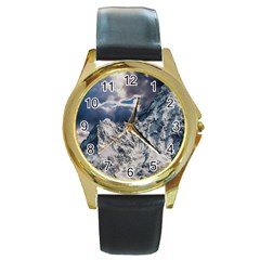 Mountain Snow Winter Landscape Round Gold Metal Watch