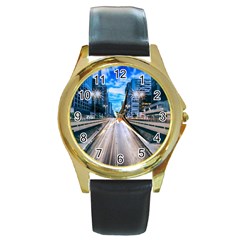 Urban Street Cityscape Modern City Round Gold Metal Watch