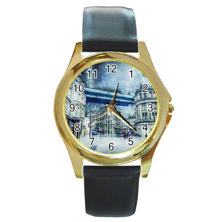 Storm Weather Nature Thunderstorm Round Gold Metal Watch