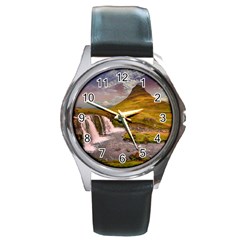 Nature Mountains Cliff Waterfall Round Metal Watch