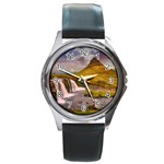 Nature Mountains Cliff Waterfall Round Metal Watch Front