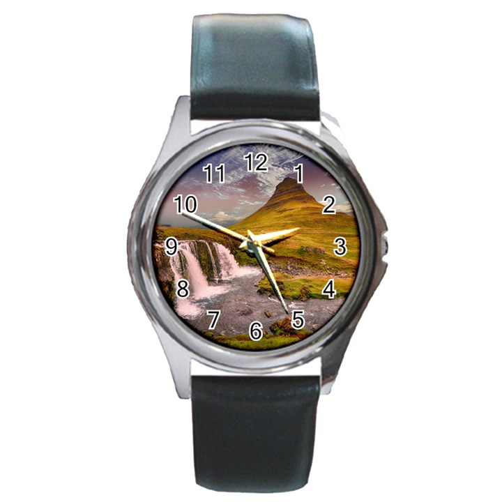 Nature Mountains Cliff Waterfall Round Metal Watch