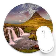 Nature Mountains Cliff Waterfall Round Mousepads