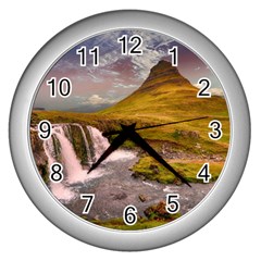 Nature Mountains Cliff Waterfall Wall Clocks (Silver) 