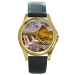 Nature Mountains Cliff Waterfall Round Gold Metal Watch Front