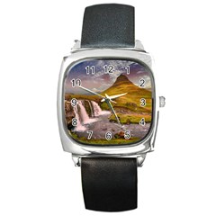 Nature Mountains Cliff Waterfall Square Metal Watch by Celenk