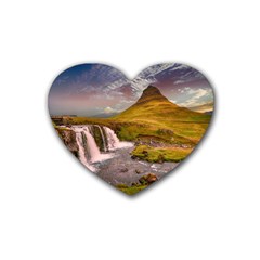 Nature Mountains Cliff Waterfall Rubber Coaster (heart)  by Celenk