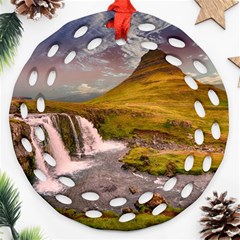 Nature Mountains Cliff Waterfall Round Filigree Ornament (Two Sides)