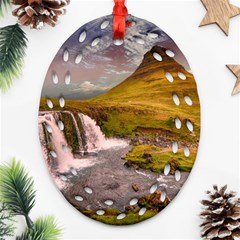 Nature Mountains Cliff Waterfall Oval Filigree Ornament (Two Sides)