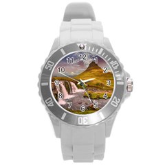 Nature Mountains Cliff Waterfall Round Plastic Sport Watch (L)