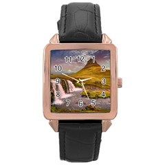 Nature Mountains Cliff Waterfall Rose Gold Leather Watch 