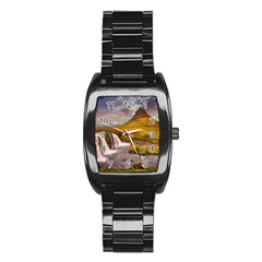 Nature Mountains Cliff Waterfall Stainless Steel Barrel Watch